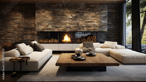 Minimalist Luxury: Wooden Live Edge Coffee Table Between White Sofas in Villa Living Room © pierre