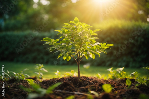 Seedlings grow in soil.Planting trees to reduce global warming.
