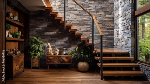 Country Elegance  Cozy Entrance Hall with Wooden Staircase and Stone Wall