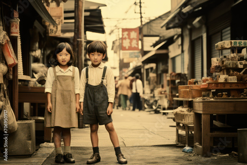 古いアルバムにあるような子供の写真、架空の昭和、Nostalgic old photos from the Showa era in Japan. A 6-year-old boy, a girl, and a downtown scene. A fictional town.Generative AI photo
