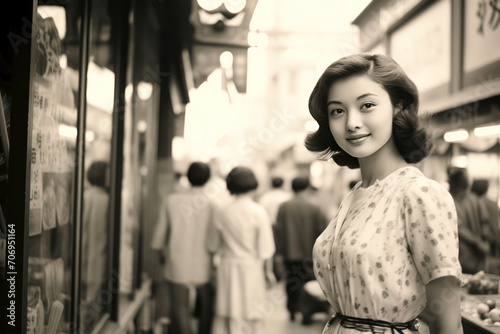 昭和レトロな美女の写真。古い写真、架空の昭和、Generative AI, A nostalgic photo of a beautiful woman from the Showa era in Japan. Old photos, imaginary old times. Vintage photo.