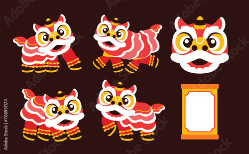 Set of lion dance, chinese new year elements in modern minimalist geometric style. Colorful illustration in flat vector cartoon style. Cute chinese lion costume on red isolated background.