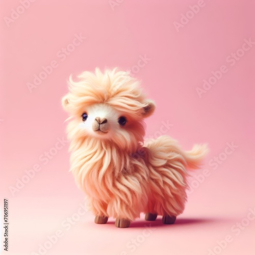 Сute fluffy baby camel toy on a pastel pink background. Minimal adorable animals concept. Wide screen wallpaper. Web banner with copy space for design. photo