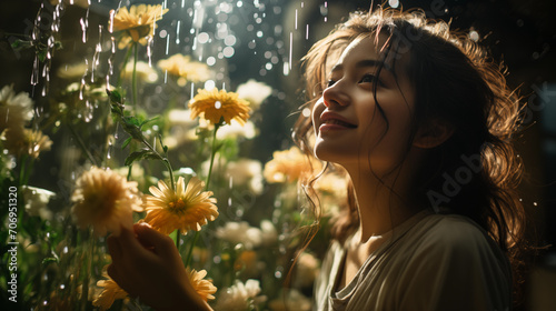 Teenage girl admiring flowers sitting in the rain