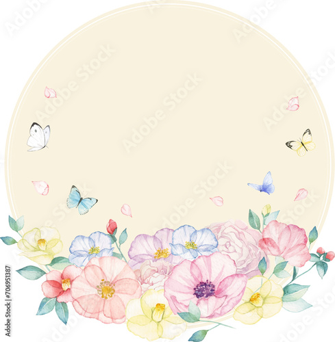 Circle frame with flowers and butterflies