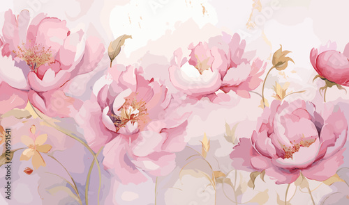 Watercolor pink gold flower abstract mural, peonies, tulips, rose, large delicate voluminous flowers, background, wallpaper,