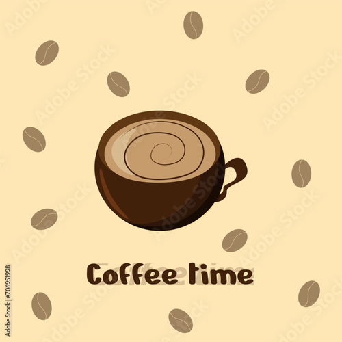 A cute cup of coffee with coffee beans. Logo ideas. Espresso or cappuccino in a tiny cup