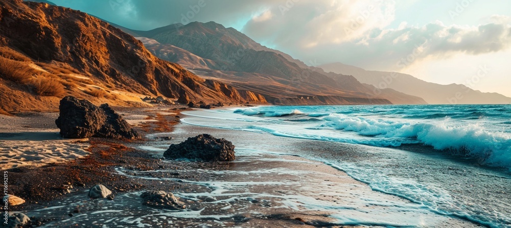 a minimalist and elegant banner featuring a tranquil beach or mountain scene, for clean typography or logo placement to emphasize the tranquility and beauty of the destination. - Generative AI a minimalist and elegant banner featuring a tranquil beach or mountain scene, for clean typography or logo placement to emphasize the tranquility and beauty of the destination. - Generative AI