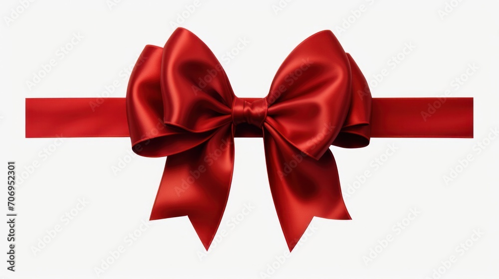 Fototapeta premium Red satin gift bow on white background. Festive decoration and gift wrapping.