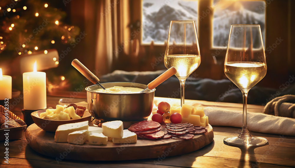 Obraz na płótnie vacances hiver loisirs montagne ski repas diner chalet fondue raclette convivial chaleureux fromage charcuterie verre w salonie