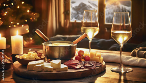 vacances hiver loisirs montagne ski repas diner chalet fondue raclette convivial chaleureux fromage charcuterie verre