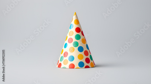 A White Birthday Hat Decorated With Colorful Dots. Birthday Celebration Hat in White with Vibrant Polka Dots