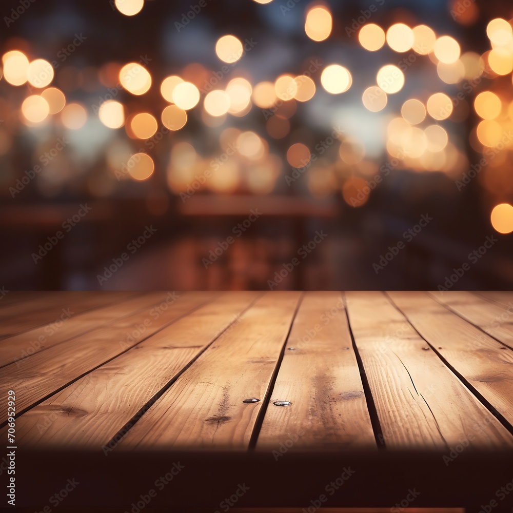 Empty wooden table and bokeh lights background. For product display Empty wooden table and bokeh lights background. For product display