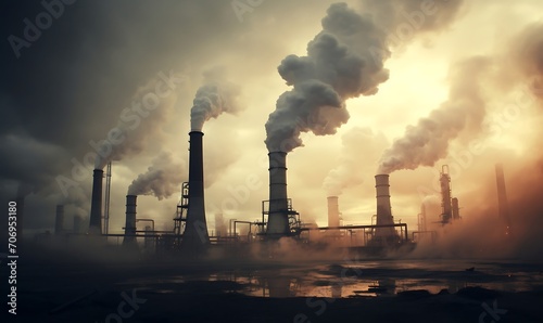Factory with smoke in the sky at sunset. Environmental pollution concept.