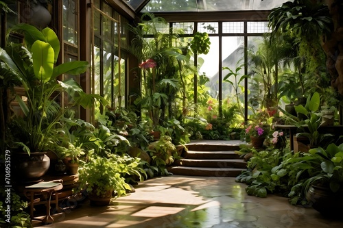 Interior of a beautiful botanical garden with flowers and plants.