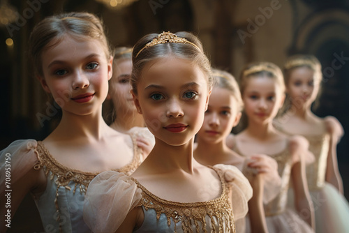 Group of cute girls ballerinas the stage school kindergarten Ballet Generative AI