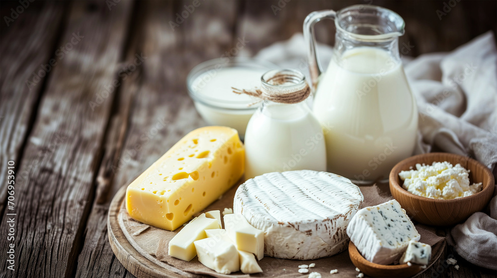 A variety of dairy products arranged on a rustic wooden surface - a piece of yellow, holey cheese, a round white cheese with a soft rind, crumbled white cheese and milk in glass containers. A variety of dairy products arranged on a rustic wooden surface - a piece of yellow, holey cheese, a round white cheese with a soft rind, crumbled white cheese and milk in glass containers.