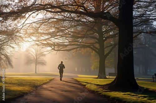 Running man jogging in beautiful autumn park at sunrise.