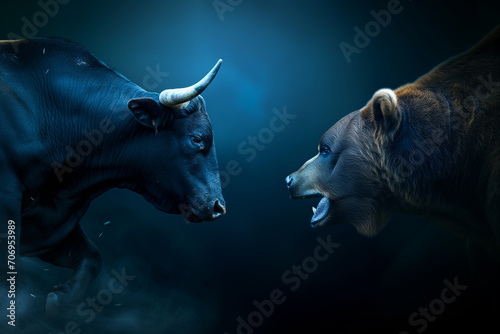 A bull versus a bear as business financial stock market concept blue tone background.