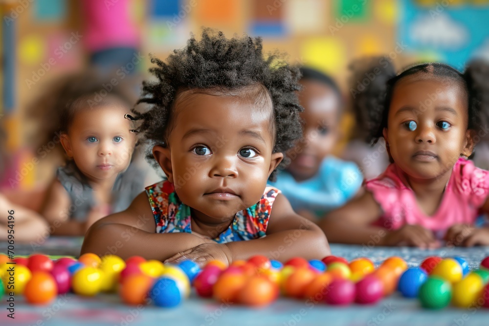 African American toddlers attend a multicultural daycare. Generative Ai. - obrazy, fototapety, plakaty 