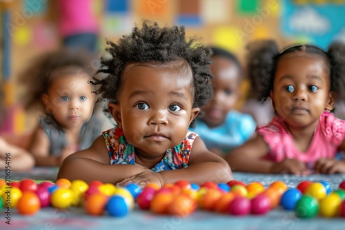 African American toddlers attend a multicultural daycare. Generative Ai.