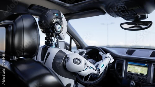 Robot driving a car - autonomous transport and self-driving cars concept