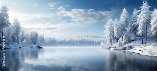 Serene winter landscape with snow-covered trees and tranquil lake. Seasonal natural beauty.
