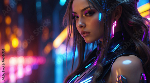 Attractive young brunette woman looking at camera. Cyberpunk style