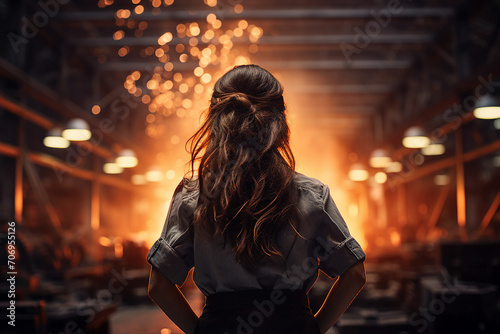 Rear view photo of woman on industry factory looking on manufacturing iron welding metal and light sparks generative AI © Tetiana