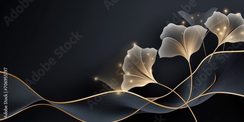 Abstract luxury art background with ginkgo leaves in gold line art style. Botanical banner for decoration design