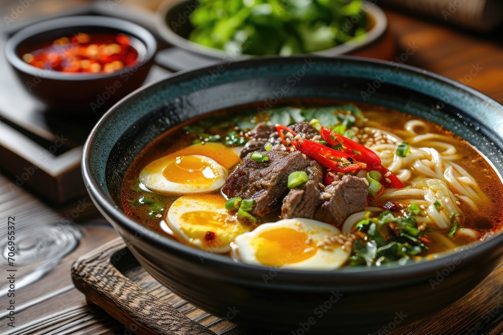 Curry soup with thick noodles, beef, egg, chili peppers served in a bowl. Chinese cuisine.