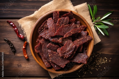 Dried peppered beef jerky in wooden bowl photo