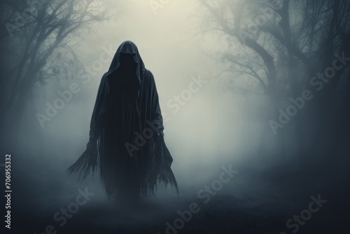 Over a misted background, the grim reaper approaches the camera. Generative Ai.