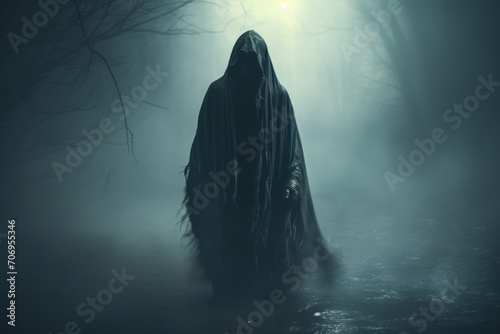 Over a misted background, the grim reaper approaches the camera. Generative Ai.