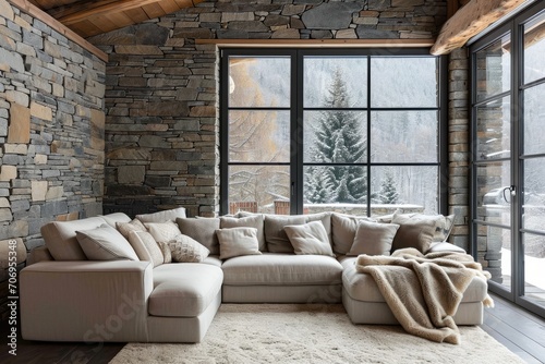 A corner sofa against a window in a room with stone wall cladding. Modern living room in the countryside.