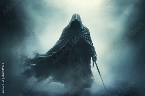 Over a misted background, the grim reaper approaches the camera. Generative Ai.