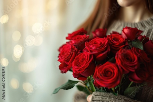 Woman holding luxury bouquet of fresh red roses on light background