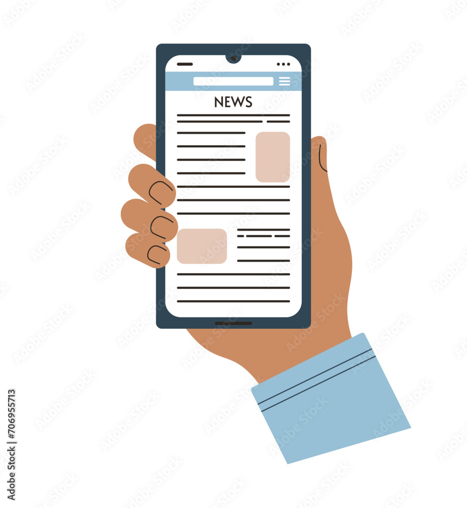 Hand holding smartphone with internet news media. Reading news on mobile phone display. Cellphone in human hand. World or financial news. Flat vector illustration on white isolated background. - obrazy, fototapety, plakaty 