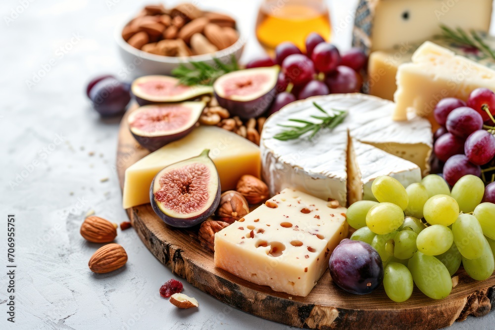 Various cheeses on a platter with figs, almonds, olives, and grapes. Generative Ai.