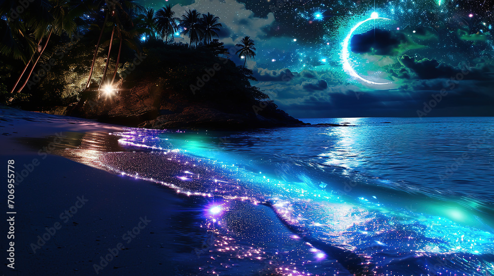 The Moon Night And Sea. Fiction. Concept Art. Realistic Illustra