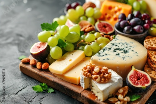 Various cheeses on a platter with figs, almonds, olives, and grapes. Generative Ai.