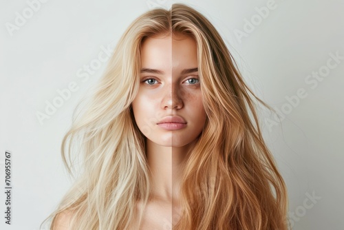 Young blonde before and after getting her hair colored and cut at a beauty salon. Generative Ai.