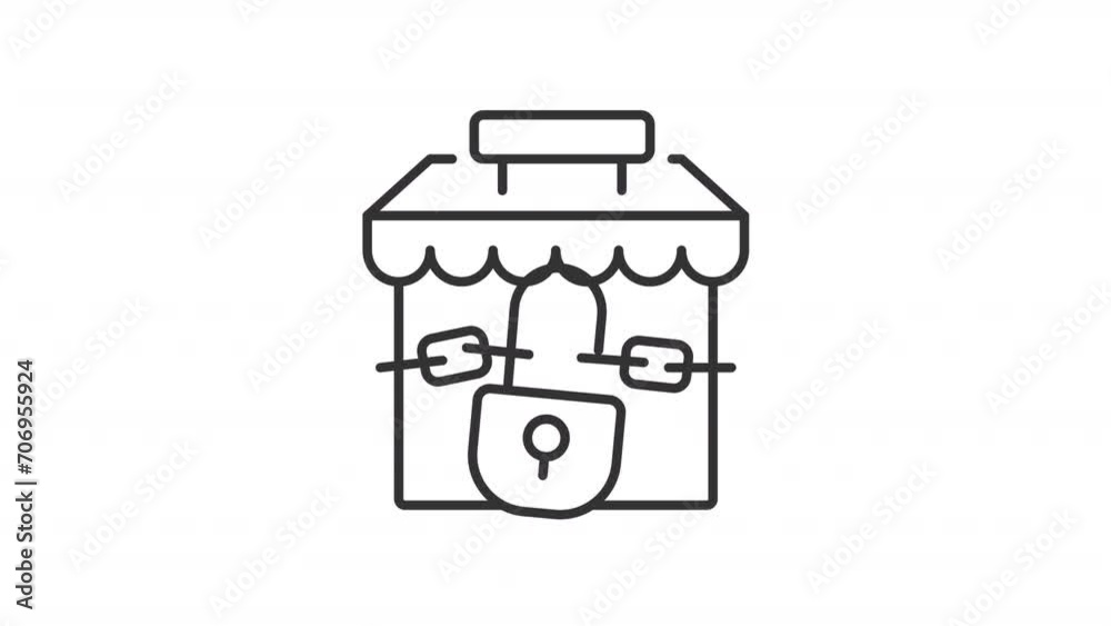 2D black simple thin line animation of closed shop icon, HD video with transparent background, seamless loop 4K video representing economic crisis. 2D black simple thin line animation of closed shop icon, HD video with transparent background, seamless loop 4K video representing economic crisis.
