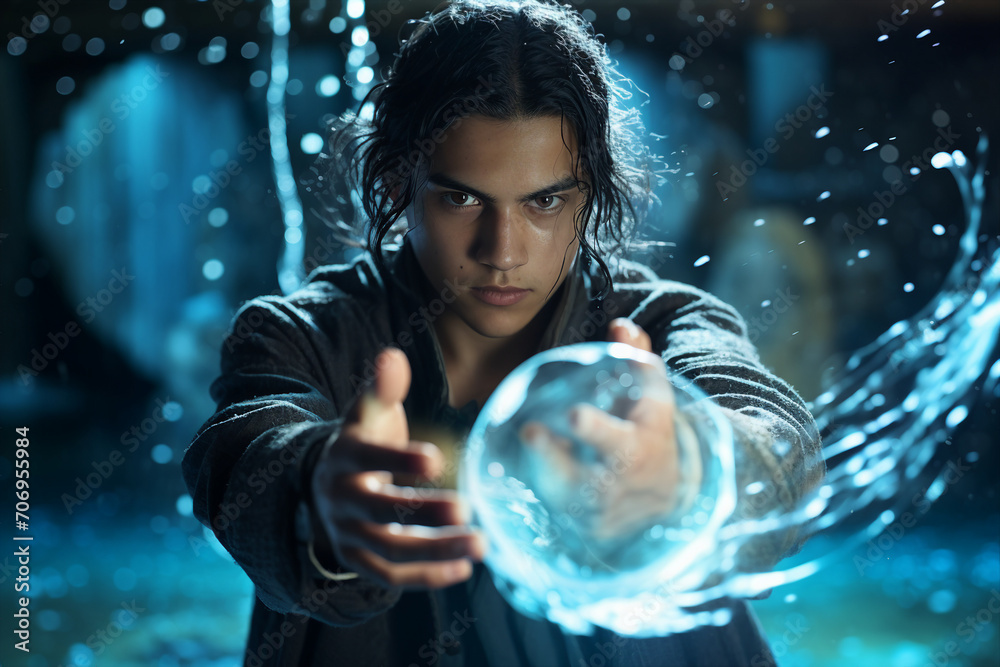 Naklejka premium Generative AI image picture of powerful elements wizard practicing ice water air fire magic video game character