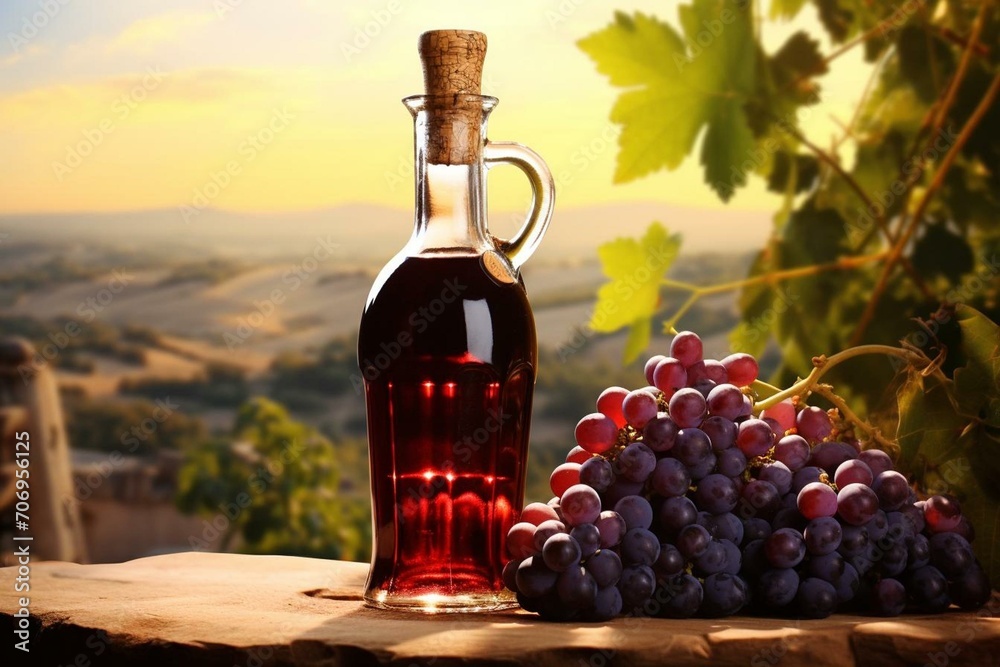 Grape-filled glass bottle of fresh wine against winery background. Generative AI