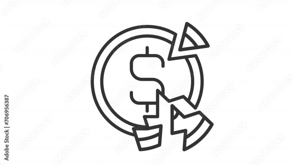 2D black simple thin line animation of broken coin icon, HD video with transparent background, seamless loop 4K video representing economic crisis. 2D black simple thin line animation of broken coin icon, HD video with transparent background, seamless loop 4K video representing economic crisis.
