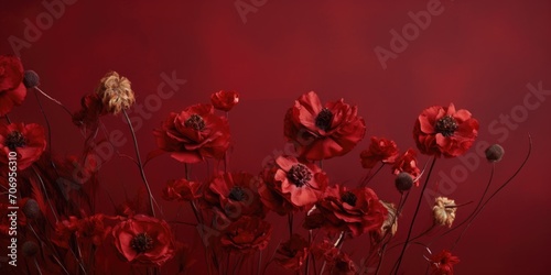 A banner with wilted red flowers on a burgundy background