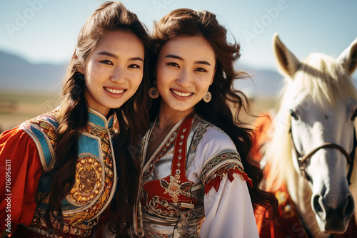 Portrait made with generative AI of charming mongolian two girls in traditional dress