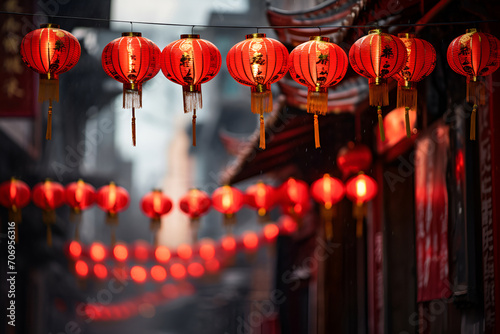 Streets adorned with Chinese paper lanterns, creating a festive ambiance for the New Year
