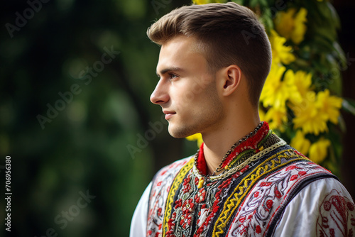 Generative AI picture photo of attractive nice ukrainian man in traditional embroidered national clothes photo